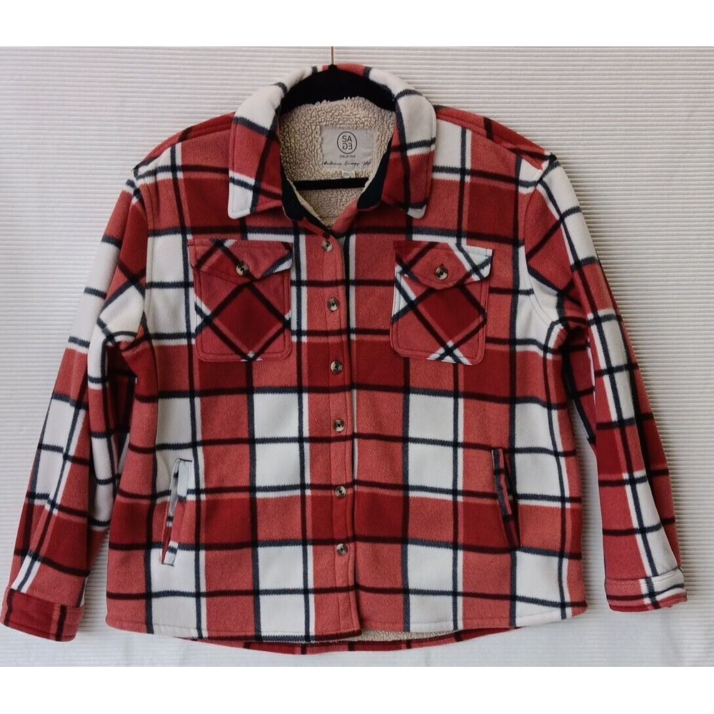 Sage Collective Shacket Womens‎ XL Plaid Sherpa Jacket White Gray Blue Red COMFY
